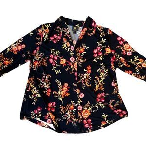 JM Collection Black Floral Blouse 1X Plus V-Neck Long Sleeve Tunic Top